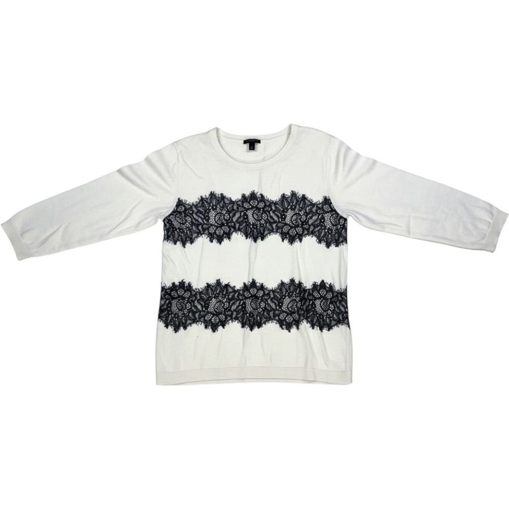 Talbots Womens Ivory White Black Lace Eyelash Trim 3/4 Sleeve Crewneck Sweater L